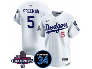 Los Angeles Dodgers #5 Freddie Freeman with 2024 Champions Patch and 34 Black Patch Players Limited Jersey White
