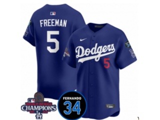 Los Angeles Dodgers #5 Freddie Freeman with 2024 Champions Patch and 34 Black Patch Players Limited Jersey Blue