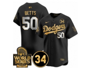 Los Angeles Dodgers #50 Mookie Betts with 2024 WS Patch and 34 Patch Players Limited Jersey Black Golden