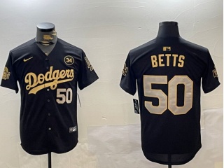 Los Angeles Dodgers #50 Mookie Betts with 2024 WS Patch and 34 Patch Players Limited Jersey Black Golden