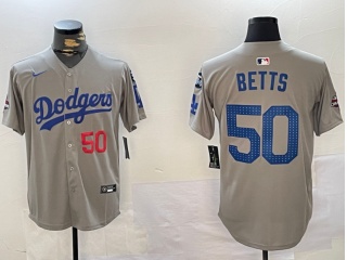 Los Angeles Dodgers #50 Mookie Betts with 2024 Champions Patch and 34 Black Patch Players Limited Jersey Grey