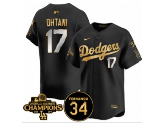 Los Angeles Dodgers #17 Shohei Ohtani with 2024 Champions Patch and 34 Black Patch Players Limited Jersey Black Golden
