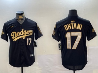 Los Angeles Dodgers #17 Shohei Ohtani with 2024 Champions Patch and 34 Black Patch Players Limited Jersey Black Golden