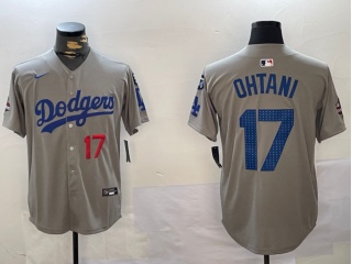 Los Angeles Dodgers #17 Shohei Ohtani with 2024 Champions Patch and 34 Black Patch Players Limited Jersey Grey