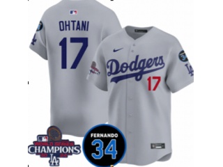 Los Angeles Dodgers #17 Shohei Ohtani with 2024 Champions Patch and 34 Black Patch Players Limited Jersey Grey