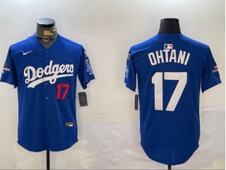 Los Angeles Dodgers #17 Shohei Ohtani with 2024 Champions Patch and 34 Black Patch Players Limited Jersey Blue