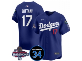 Los Angeles Dodgers #17 Shohei Ohtani with 2024 Champions Patch and 34 Black Patch Players Limited Jersey Blue