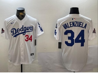 Los Angeles Dodgers #34 Fernando Valenzuela with 2024 Champions Patch and 34 Black Patch Players Limited Jersey White