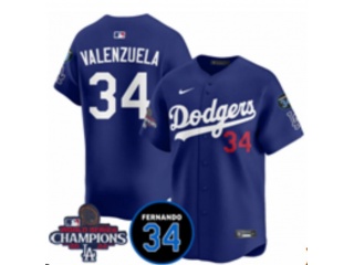 Los Angeles Dodgers #34 Fernando Valenzuela with 2024 Champions Patch and 34 Black Patch Players Limited Jersey Blue