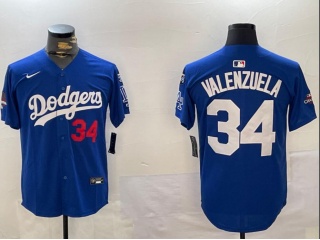Los Angeles Dodgers #34 Fernando Valenzuela with 2024 Champions Patch and 34 Black Patch Players Limited Jersey Blue