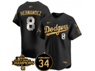 Los Angeles Dodgers #8 Kike Hernandez with 2024 Champions Patch and 34 Black Patch Players Limited Jersey Black Golden