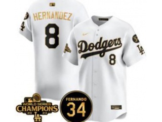 Los Angeles Dodgers #8 Kike Hernandez with 2024 Champions Patch and 34 Black Patch Players Limited Jersey White Golden