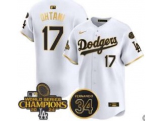 Los Angeles Dodgers #17 Shohei Ohtani with 2024 Champions Patch and 34 Black Patch Players Limited Jersey White Golden
