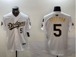 Los Angeles Dodgers #5 Freddie Freeman with 2024 Champions Patch and 34 Black Patch Players Limited Jersey White Golden