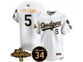 Los Angeles Dodgers #5 Freddie Freeman with 2024 Champions Patch and 34 Black Patch Players Limited Jersey White Golden