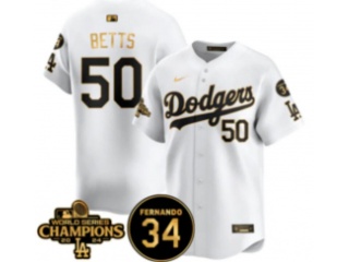 Los Angeles Dodgers #50 Mookie Betts with 2024 Champions Patch and 34 Black Patch Players Limited Jersey White Golden