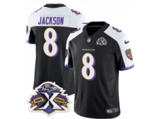 Baltimore Ravens #8 Lamar Jackson with White Shoulders 1996-2005 10 Yr Patch Jersey Black