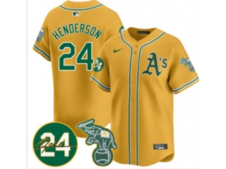 Oakland Athletics #24 Rickey Henderson Nike with 24 Patch Jersey Yellow