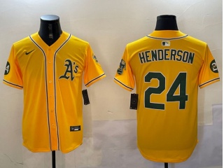Oakland Athletics #24 Rickey Henderson Nike with 24 Patch Jersey Yellow