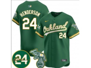 Oakland Athletics #24 Rickey Henderson Nike with 24 Patch Jersey Green