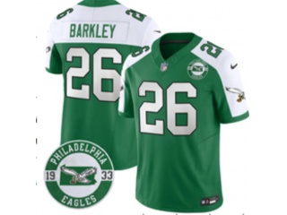Philadelphia Eagles #26 Saquon Barkley with White Shoulders with 1933 Patch F.U.S.E Limited Jersey Kelly Green