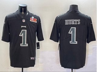 Philadelphia Eagles #1 Jalen Hurts with Green Number Fashion Super Bowl Patch Limited Jersey Black