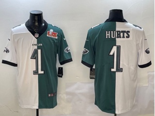 Philadelphia Eagles #1 Jalen Hurts with Super Bowl Patch Split Vapor Limited Jersey White/Green
