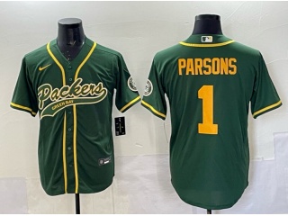 Green Bay Packers #1 Micah Parsons with Yellow Number Baseball Jersey Green