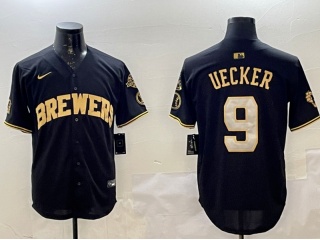 Milwaukee Brewers #9 Bob Uecker with Patches Jersey Black Golden